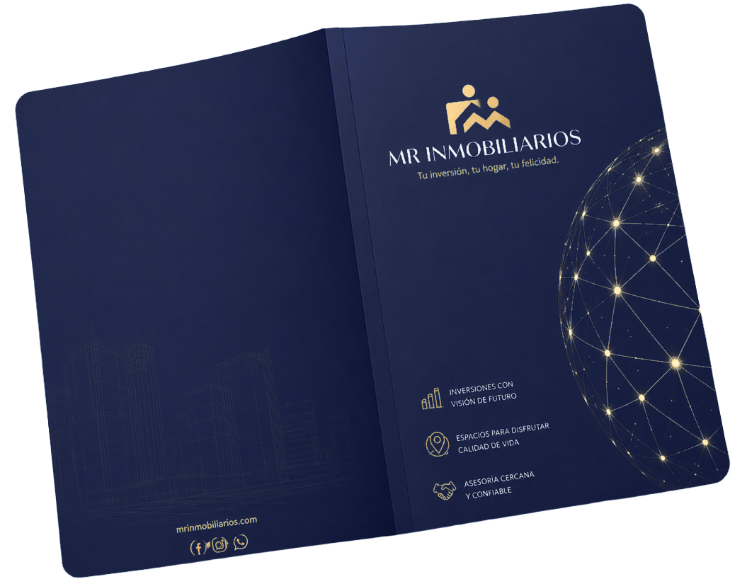 Folder azul diseñado para MR Inmobiliarios