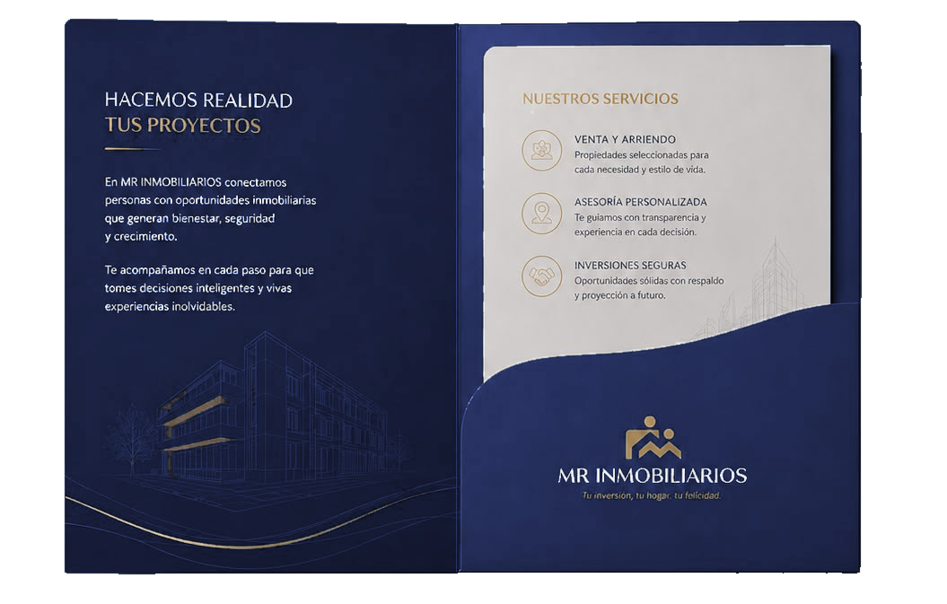 Interior del folder corporativo de MR Inmobiliarios